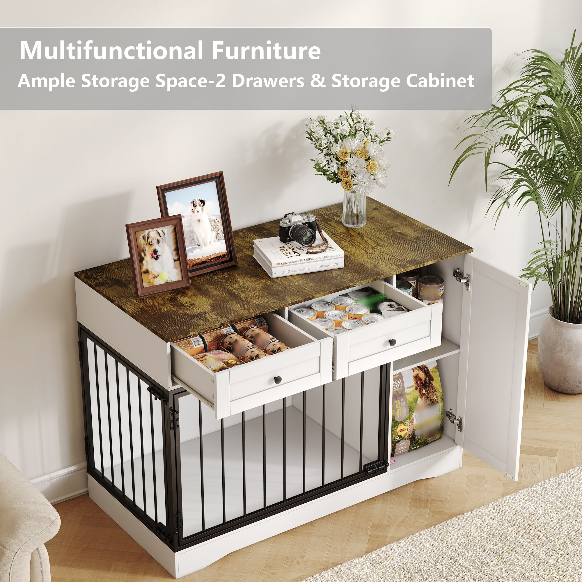 47" Farmhouse Dog Crate Furniture, Modern TV Stand with Double Doors Indoor Kennel & Buffet Cabinet with 2 Drawers, Storage Side Table for Small Medium Dogs