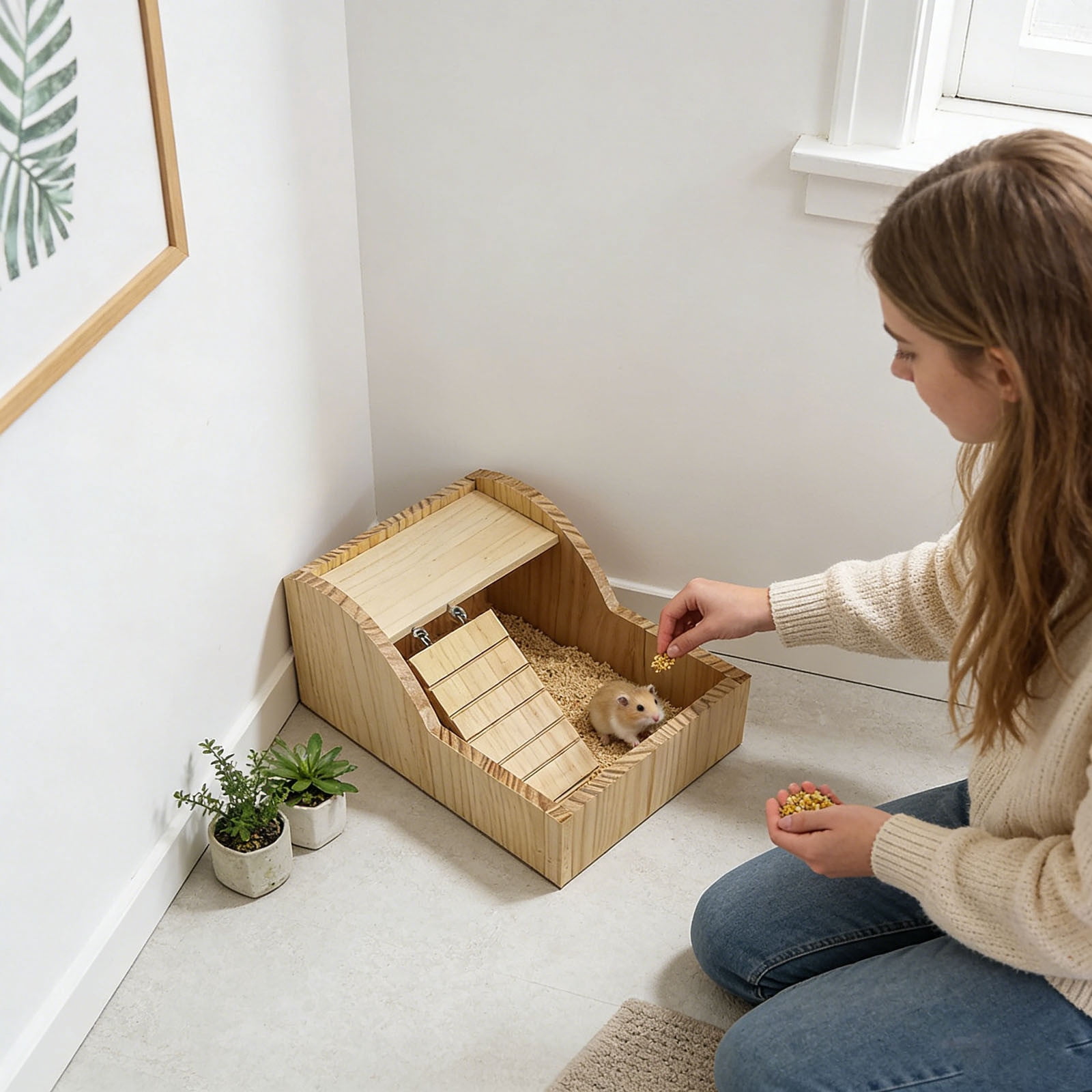 Hamster Sand Bath Wood with Ladder for Small Animals - Indoor Outdoor Pet Bedding Solution for Hamsters Guine pigs Mice Squirrels