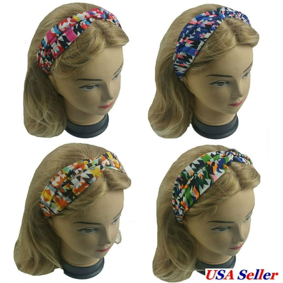 4 PCS Twisted Turban Head Wrap Elastic Headband Women Girl Aztec Style Print
