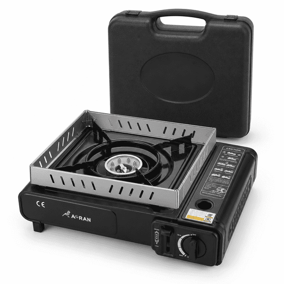 Portable Butane Stove with Wind Guard and Carrying Case, Outdoor Camping Gas Stove with Adjustable Heat Control, Easy Ignition Single Burner for Camping, RV Travel, Tailgating and Emergency Cooking