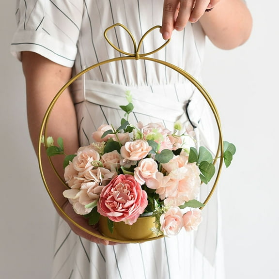 Soimiss Hand Held Flower Basket Iron Golden 1PC Hand-held Round Ring