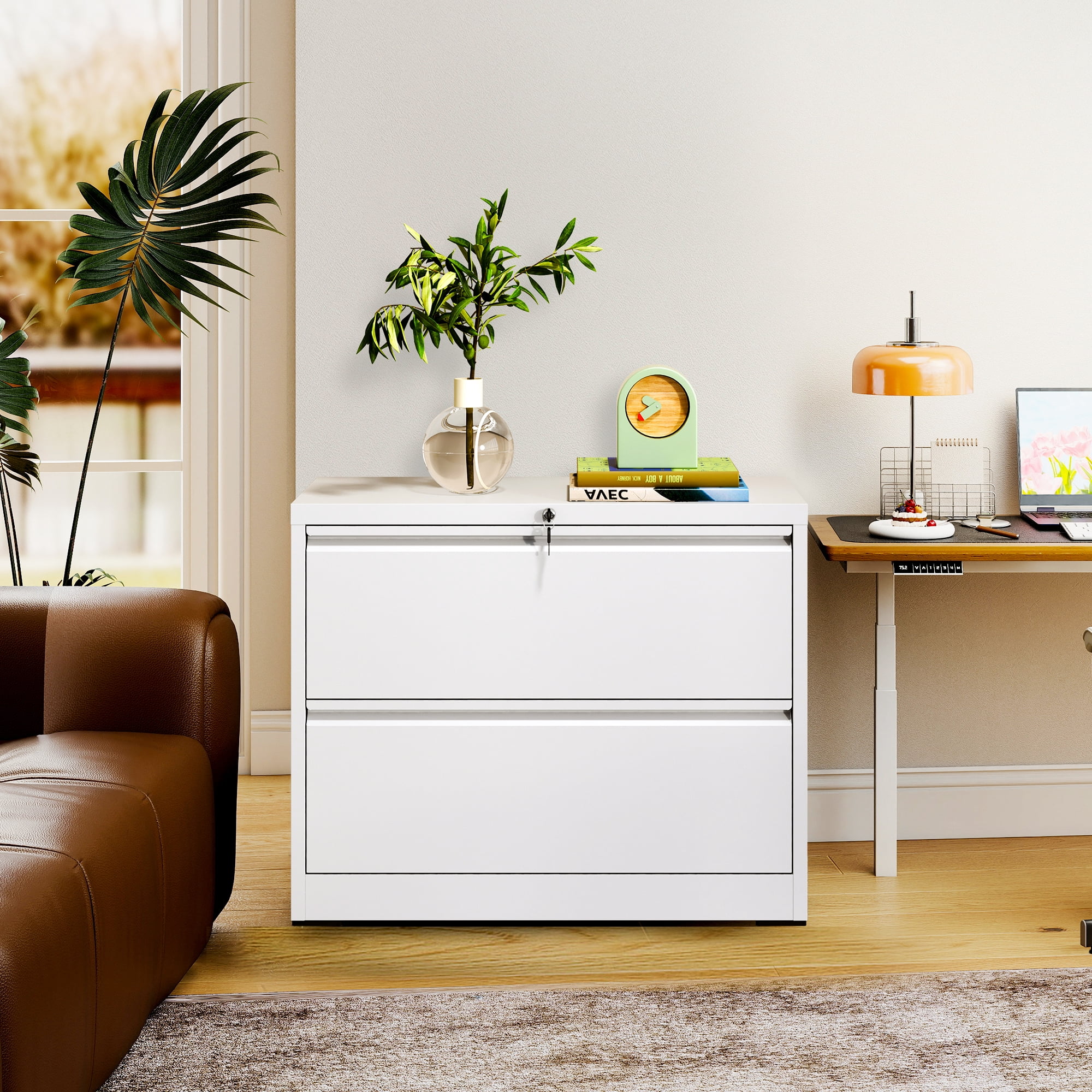 Lateral File Cabinet with Lock, 2 Drawer Metal Filing Cabinet, File Cabinet Organizer for Home Office, Easy Assembly, Lockingl File Cabinets for Legal/Letter/A4, 35.43"W x 15.75"D x 28.5"H,White