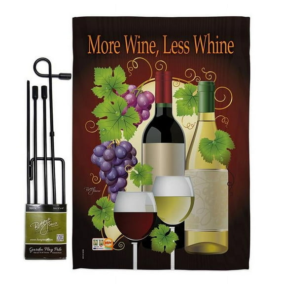 Breeze Decor BD-WI-GS-117022-IP-BO-D-IM10-BD 13 x 18.5 in. More Wine, Less Whine Happy Hour & Drinks Wine Impressions Decorative Vertical Double Sided Garden Flag Set with Banner Pole