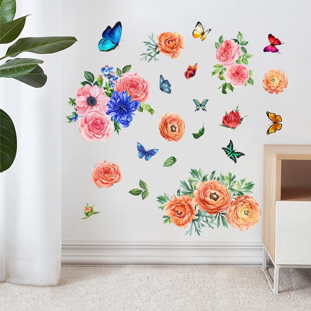 Adhesivos de pared autoadhesivos de PVC con estampado floral y mariposa de colores