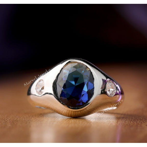 Men's Flush Set Diamond Ring, Three Stone Diamond Engagement Ring, Blue Sapphire Round Diamond Ring, Birthstone Ring For Men, 925 Sterling Silver Ring, 2.0 Ct Simulated Sapphire