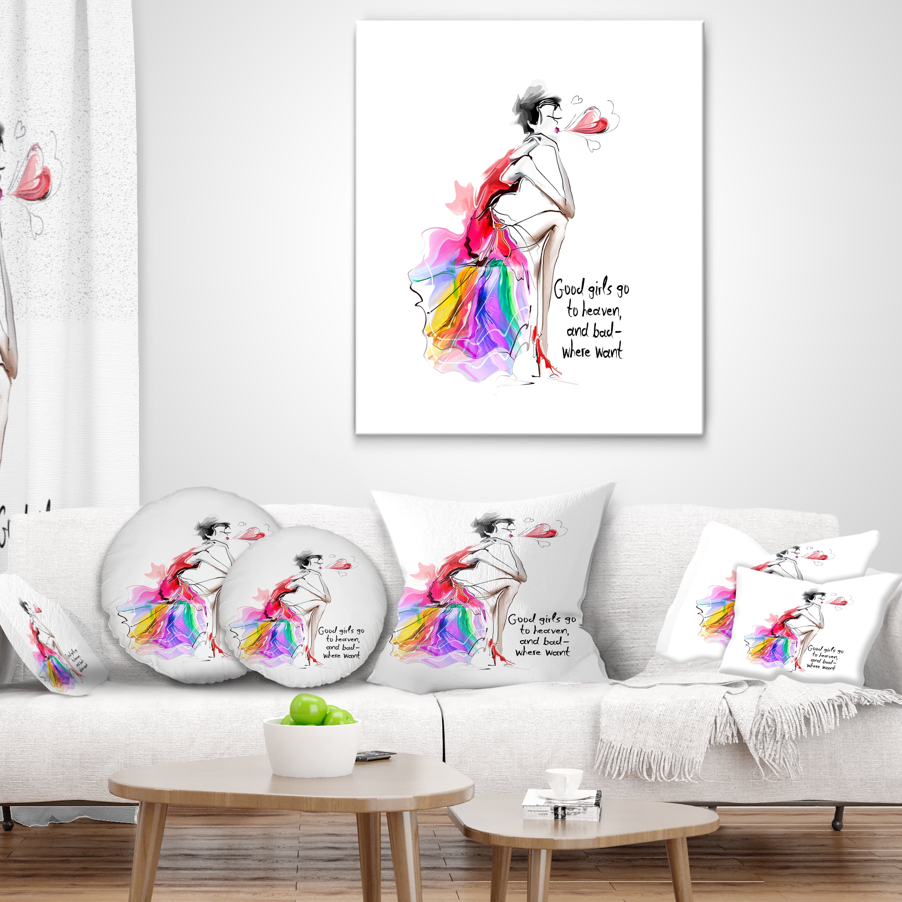 Designart Pretty Fashion Girl Pink - Abstract Portrait Throw Pillow - 12x20