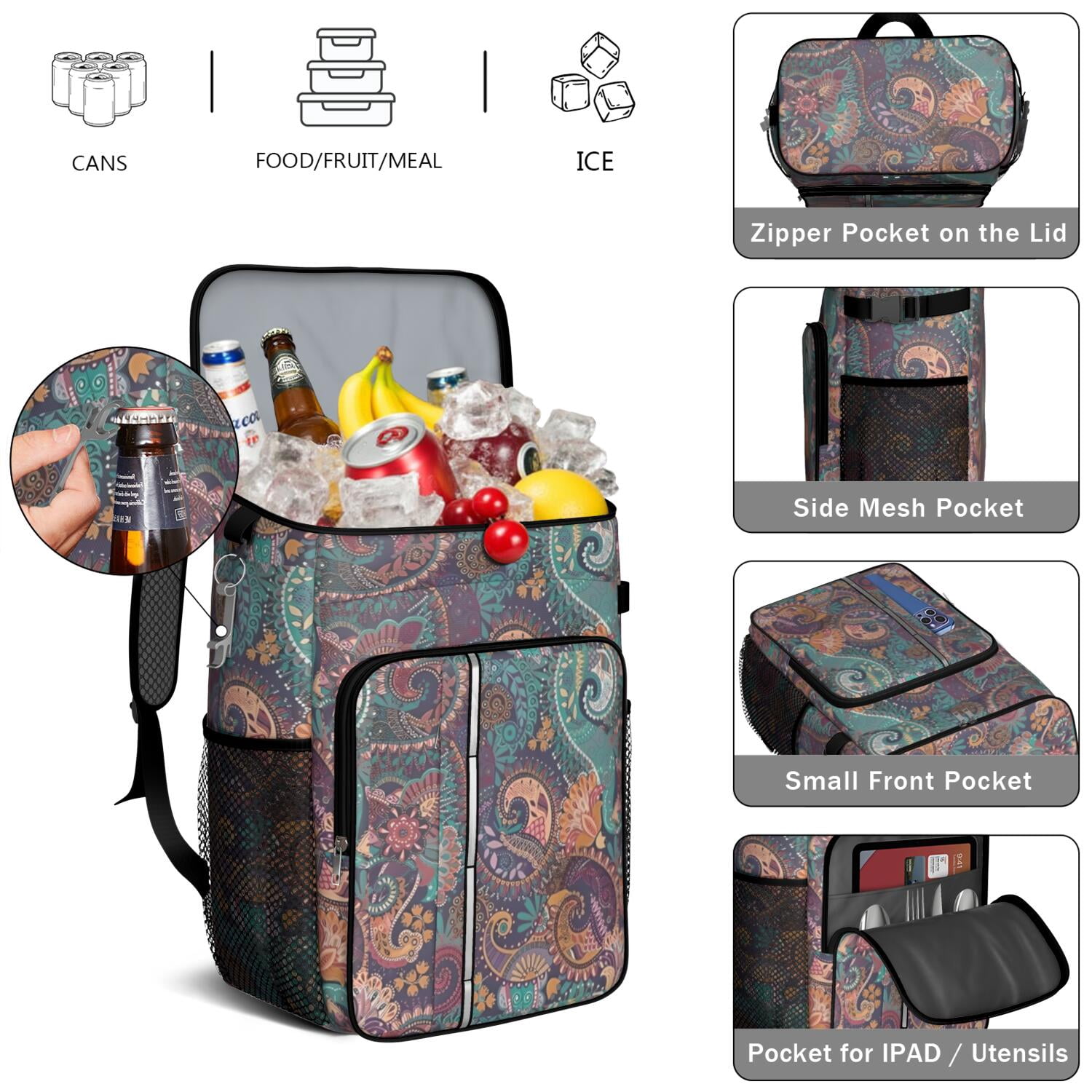 Travel Cooler Bag - Paisley Pattern Camping Beer Cooler Backpack with Bottle Opener- Waterproof Insulated Picnic Backpacks - Cooler Bag for Beach