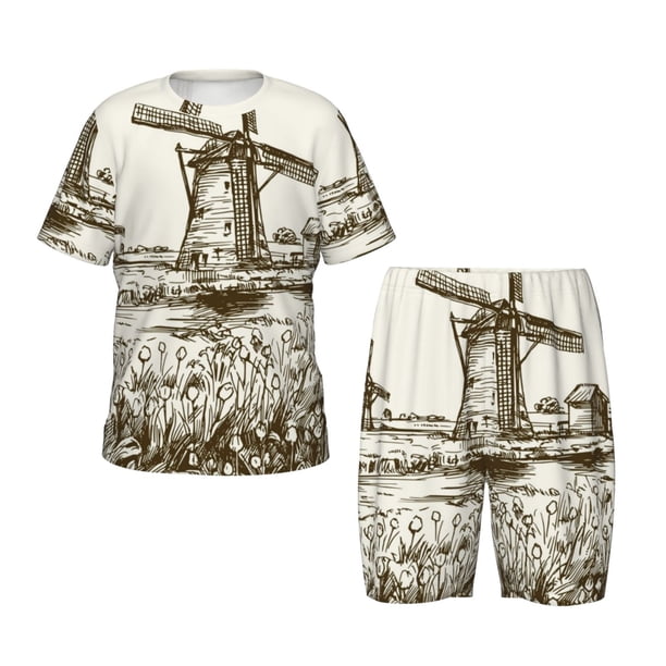 Balery Dutch Windmill Conjunto de Pijama Infantil de Manga Corta con Estampado – Ropa de Dormir de Algodón Suave-3X-Large