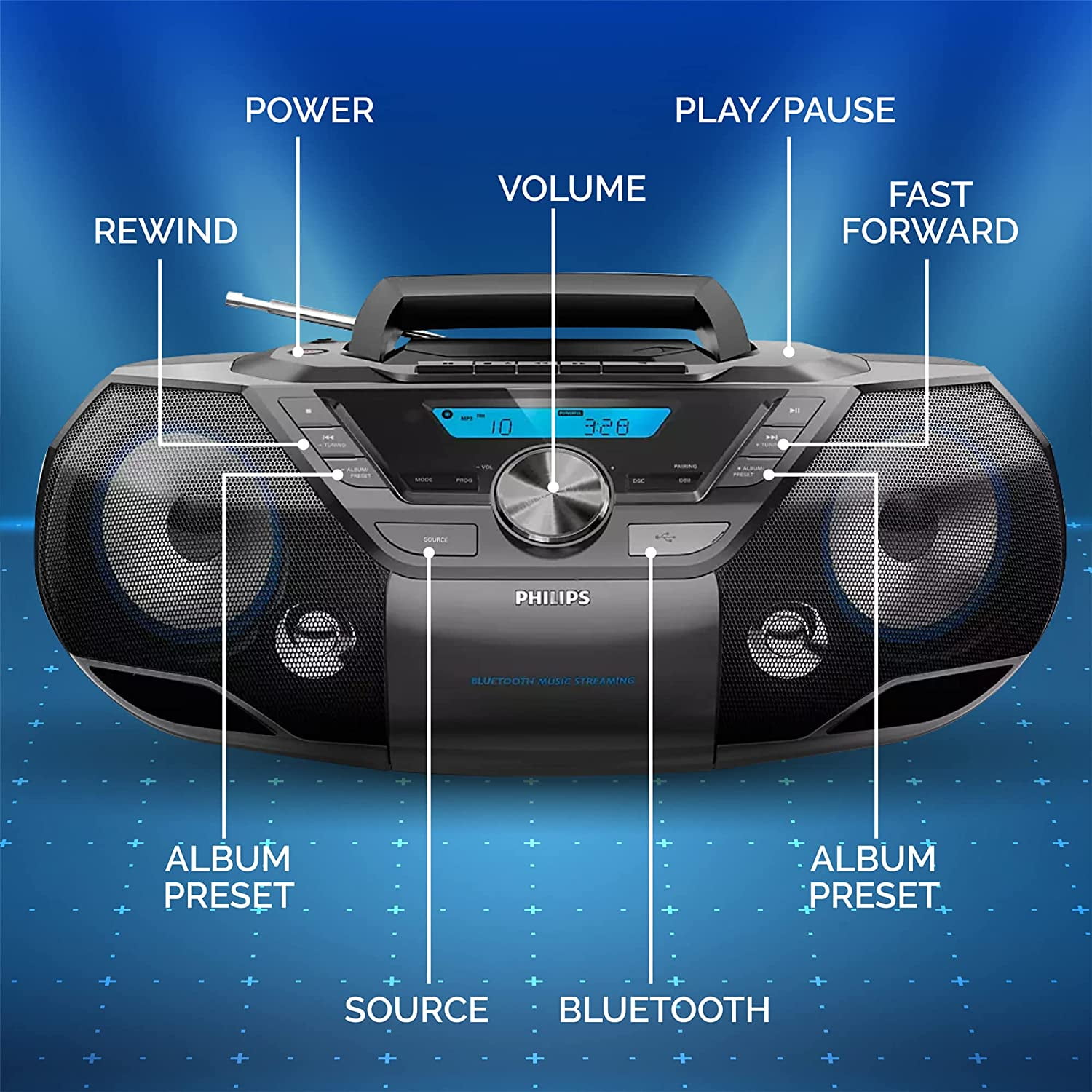 PHILIPS Portable CD Soundmachine, Bluetooth, MP3, USB, FM PHILIPS Portable CD Soundmachine, Bluetooth, MP3, USB, FM