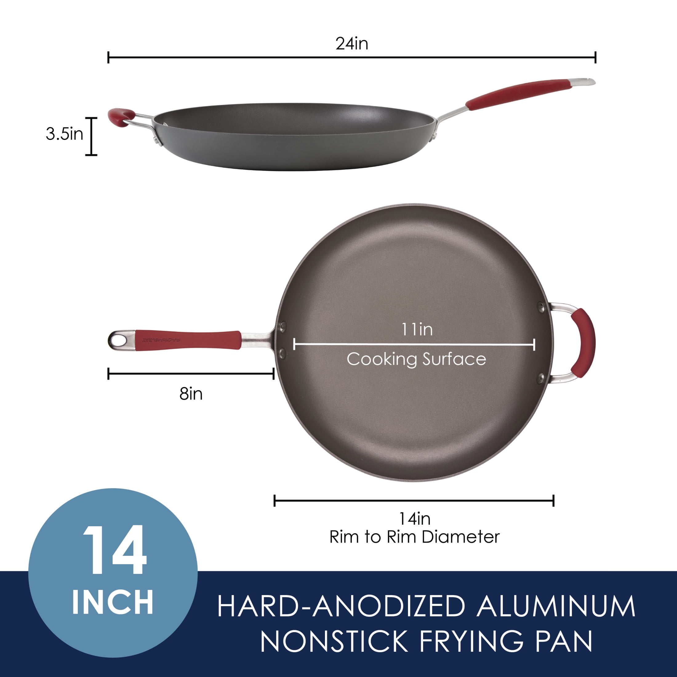 Rachael Ray Cucina Hard Anodized Nonstick Frying Pan with Helper Handle, 14-Inch, Gray/Cranberry Red