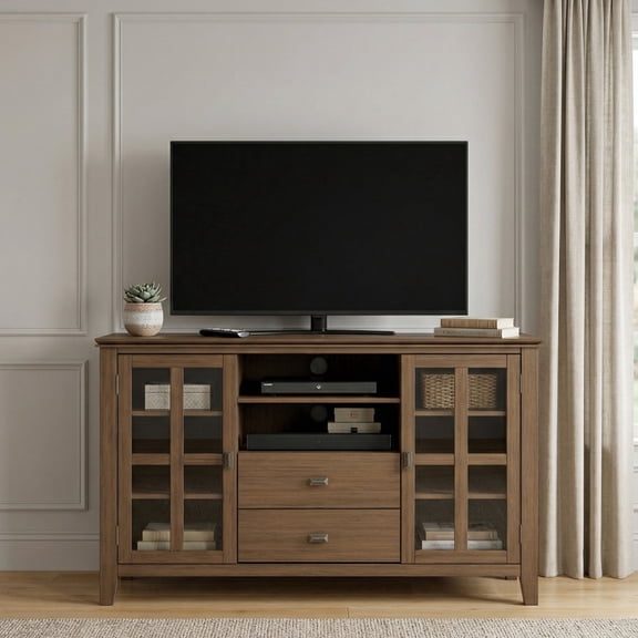 Simpli Home Artisan 53 inch Wide Solid Wood Tall TV Stand in Rustic Natural Aged Brown For TVs up to 60 inches