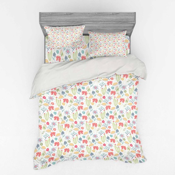 Spring Duvet Cover Set, Pastel Toned Doodle with Foliage and Flora Flowers Cacti Leaves, Bedding Set with Shams and Fitted Sheet, 3 Sizes, by Ambesonne