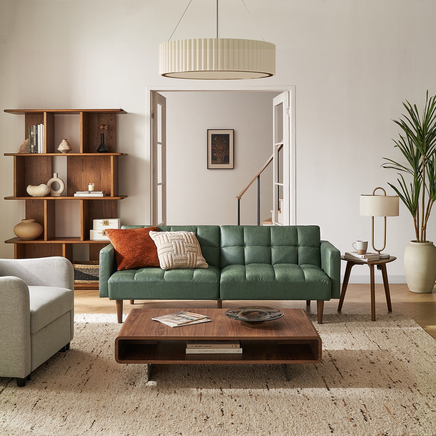 Mopio Aaron Futon Convertible Sofa Sleeper Futon with Arms Split Back Design 77.5" Sage Green Faux Leather