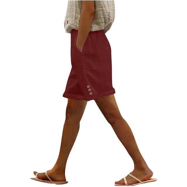 Pantalones de Algodón para las Mujeres Lino de Color Sólido de Verano de Ajuste Suelto, Bolsillos de Hendidura Lateral de Pierna Recta