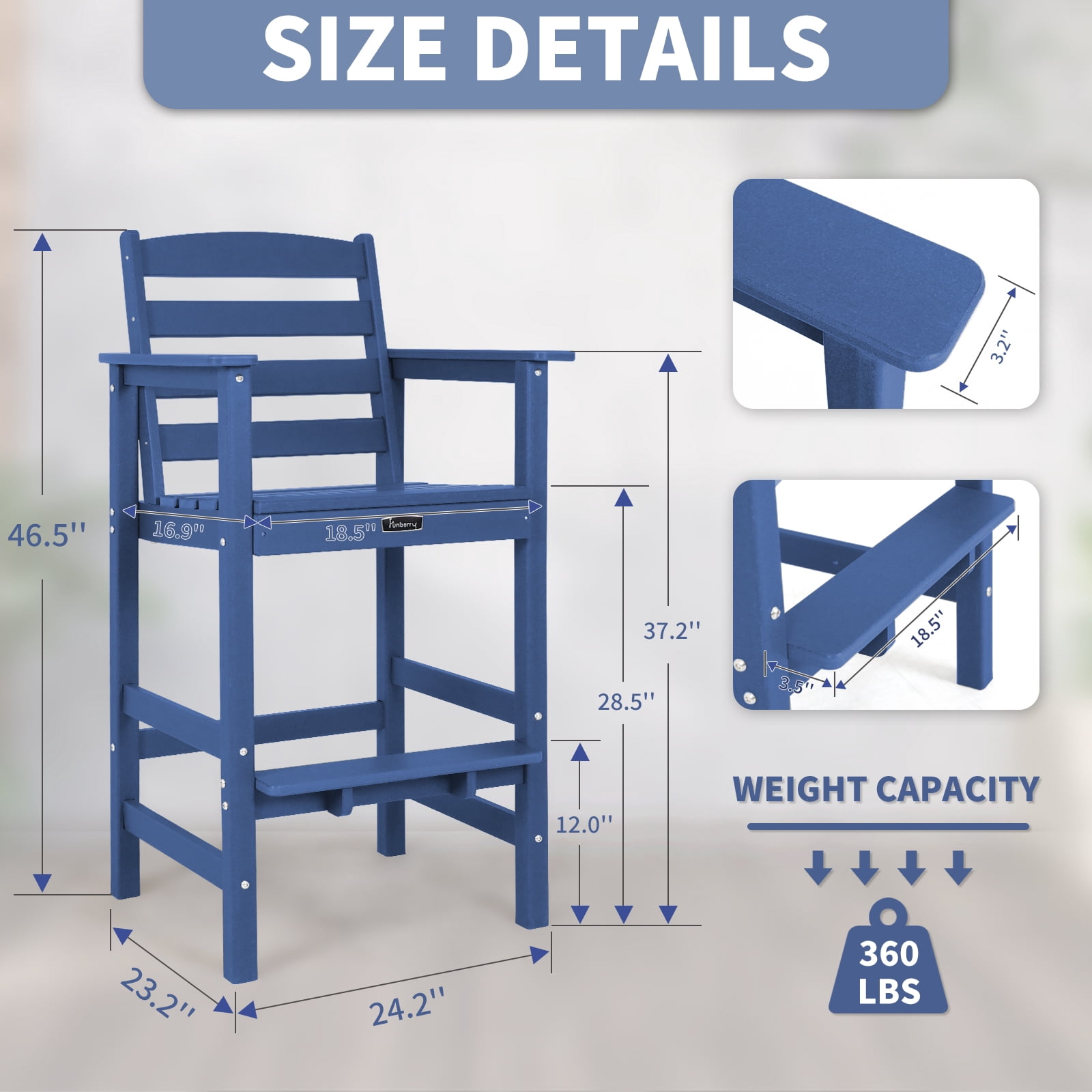 FUNBERRY Bar Height Outdoor Chairs, Tall Adirondack Chairs Set of 2, All Weather HDPE Outdoor Bar Chair for Bistro Patio Balcony