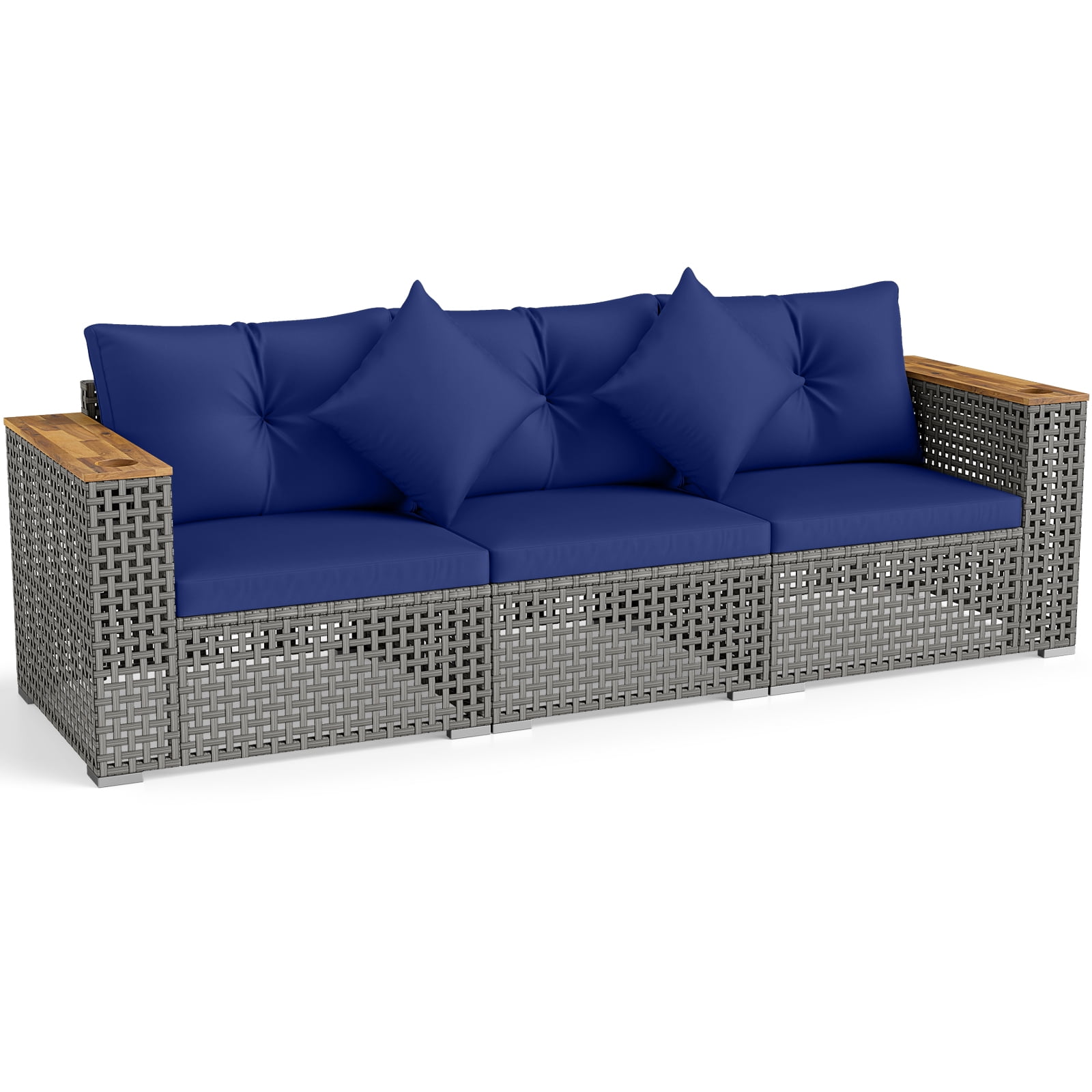 Costway Patio Wicker Sectional Furniture Set, 3 Piece Outdoor Couch Set for Garden Navy