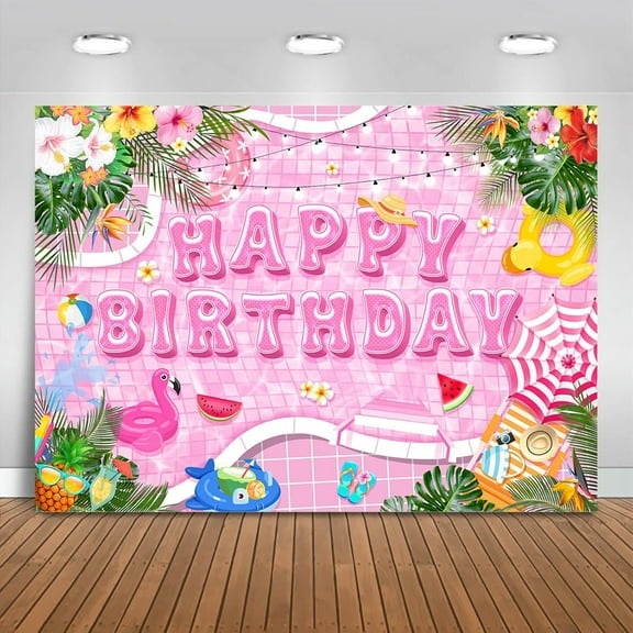 Pool Happy Birthday Backdrop Summer Swimming Pool Birthday Party Decorations Banner Hawaiian Beach Pink Party Supplies Photo Booth Props