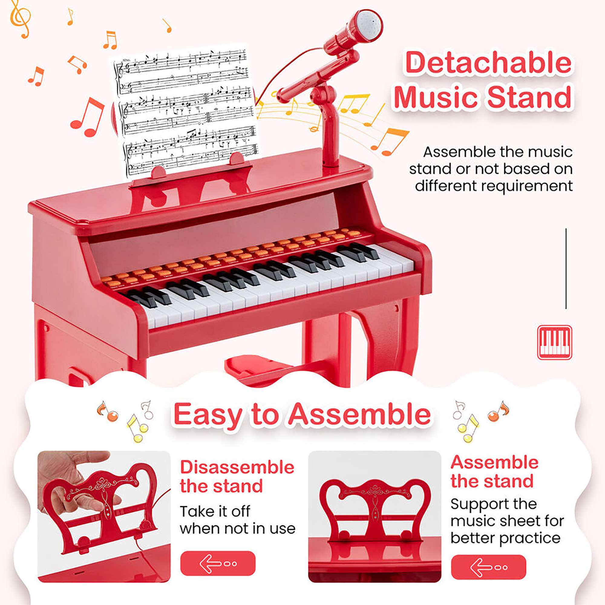 Gymax 37-Key Music Piano Keyboard Kids Learning Toy Instrument w/ Microphone Red