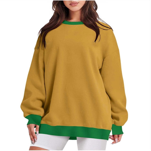Timegard Sweat-Shirt pour Femmes Col Rond Manches Longues Pull à Blocs de Couleur Automne Décontracté Confortable avec Poches