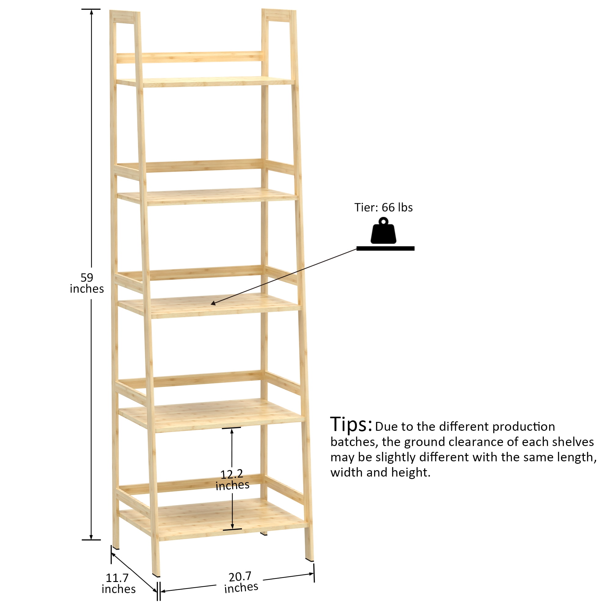 Kadyn 5-shelf Ladder Bookcase, Plant Flower Stand, Freestanding Bamboo Frame Storage Rack Shelf, Wood Color