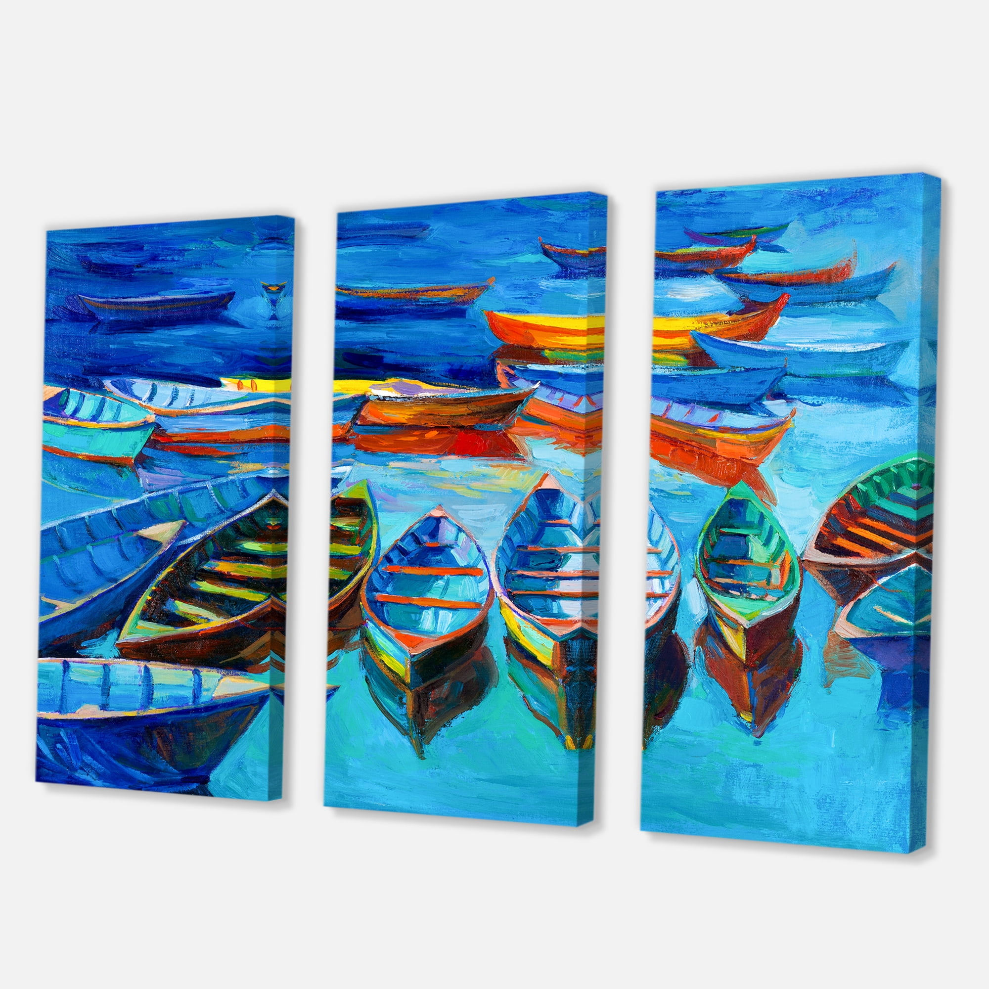 Designart ' Little Boats Wating In The Blue Harbour ' Nautical & Coastal Canvas Wall Art Print