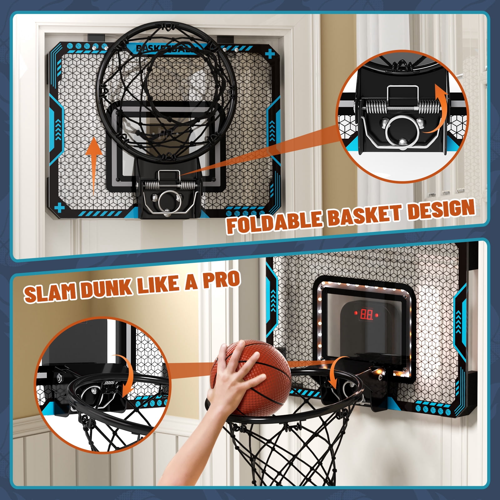 Eohemeral Indoor Mini Basketball Hoop for Kids,Over The Door Basketball Hoops with LED Lighting, Electronic Scoreboard, and 3 Balls