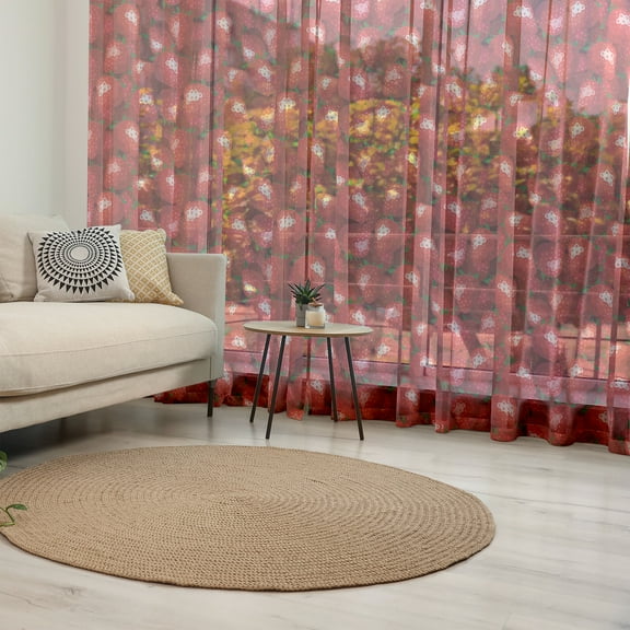 Summer Tulle Curtains with Rod Pocket, Fruit Theme Illustration Strawberries Pattern Vibrant Ripe Juicy Organic Food, Sheer Drape for Wedding Party 2 Panels, 7 Sizes, Jade Green Red, by Ambesonne