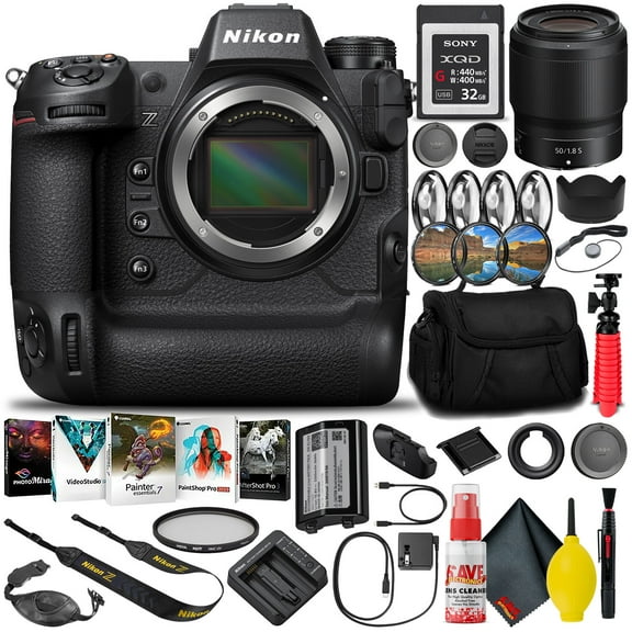 Nikon Z9 FX-Format Mirrorless Camera Body (1669) (Intl Model)   50mm F/1.8 S Lens   32GB XQD Memory Card   Editing Software   Camera Bag   Pro Filter Kit   12" Tripod