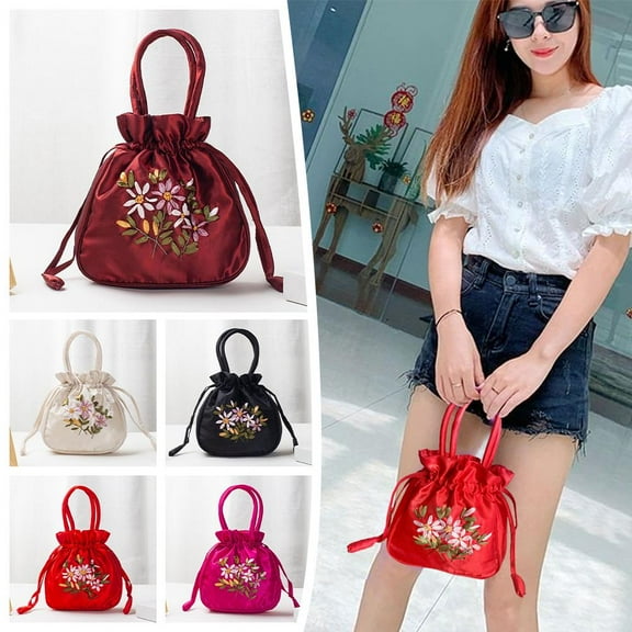 FurNest Embroidered Flower Small Bucket Bag Handmade Cosmetic Women Handbag I