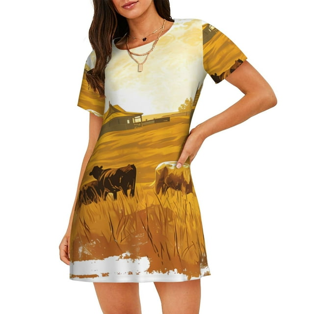 Fotbe Western Cowboy Ranch Bata de Dormir para Mujer con Estampado, Camisón de Algodón de Manga Corta, Ropa de Dormir Casual
