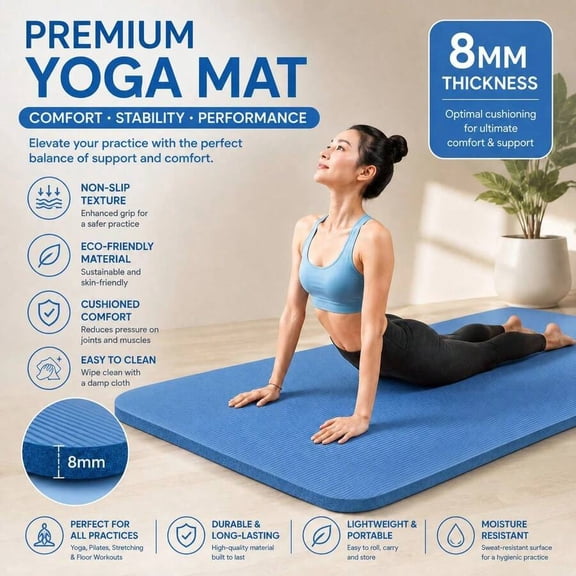 8mm Thick Premium Non-Slip Yoga Mat Cushioned Exercise Mat Lightweight Portable Fitness Mat For Yoga Pilates Stretching Floor Workouts Home Gym