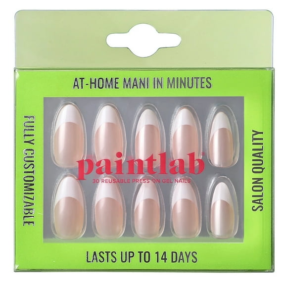 PaintLab Reusable Gel Press on Nails Kit, Almond Shape, French Chrome, 30 Count