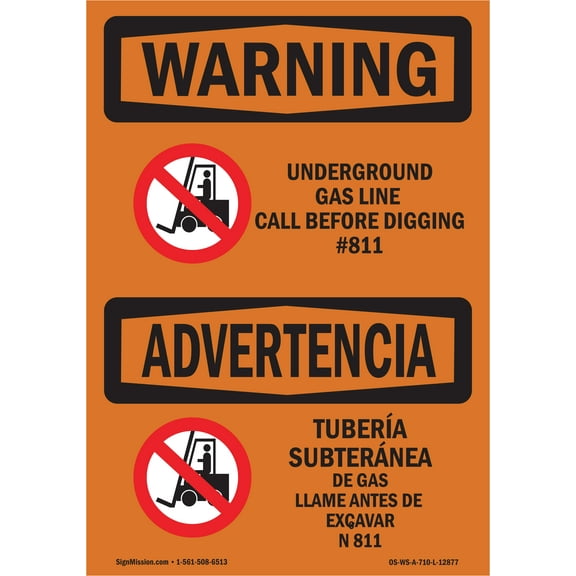 OSHA WARNING Sign - Underground Gas Line Call Custom Bilingual | Plastic Sign | Protect Your Business, Work Site, Warehouse & Shop Area | Made in the USA