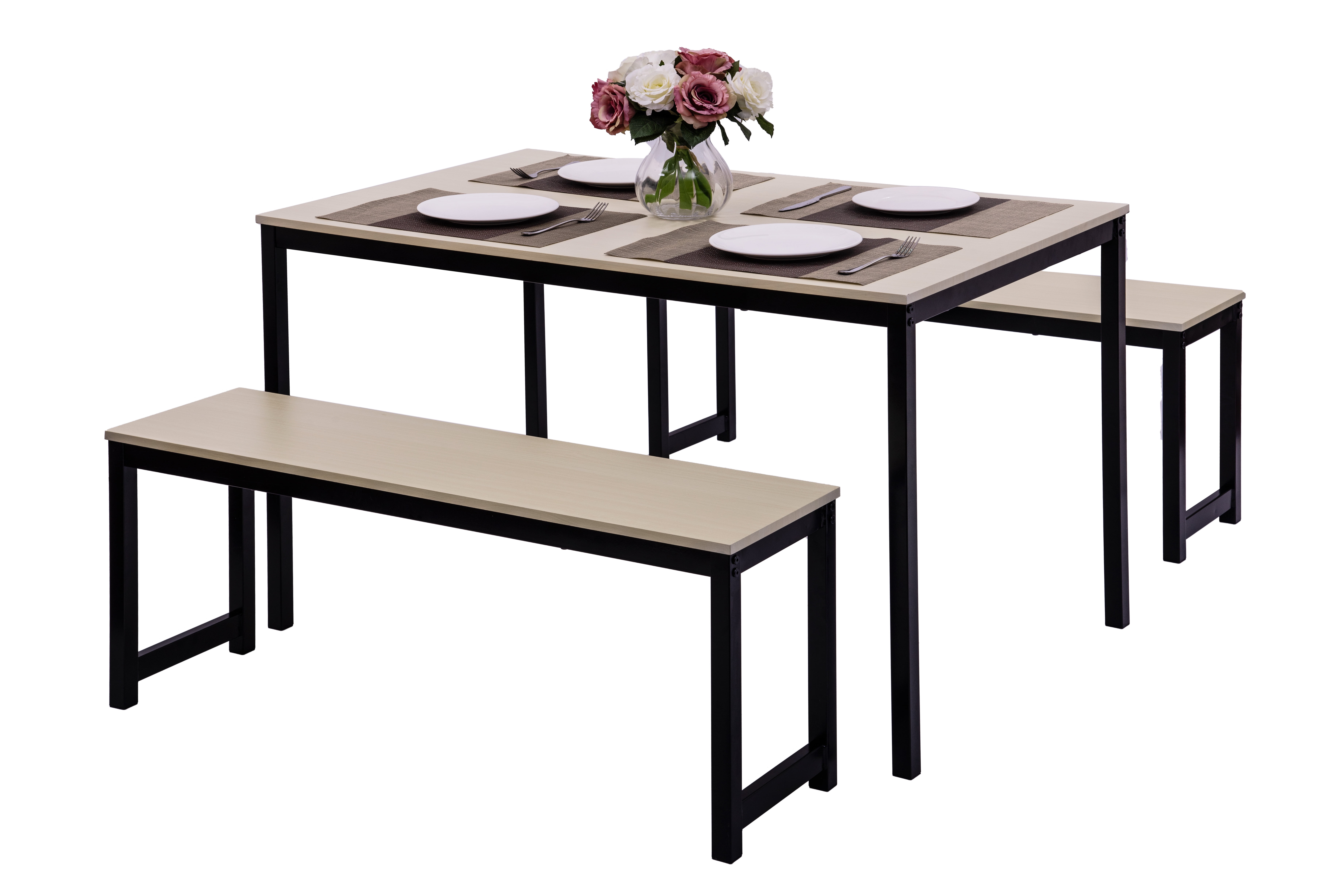 Kitchen Table Set, 3 Piece Dining Table and Benches, Small Rectangle