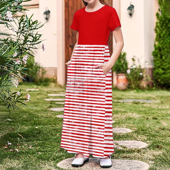 Riecok Girls Simple Tie-Dye Graphic Pocket Short Sleeve Ruffle Long Maxi Dress Tween Casual Summer Kids Fashion Red 11 Years