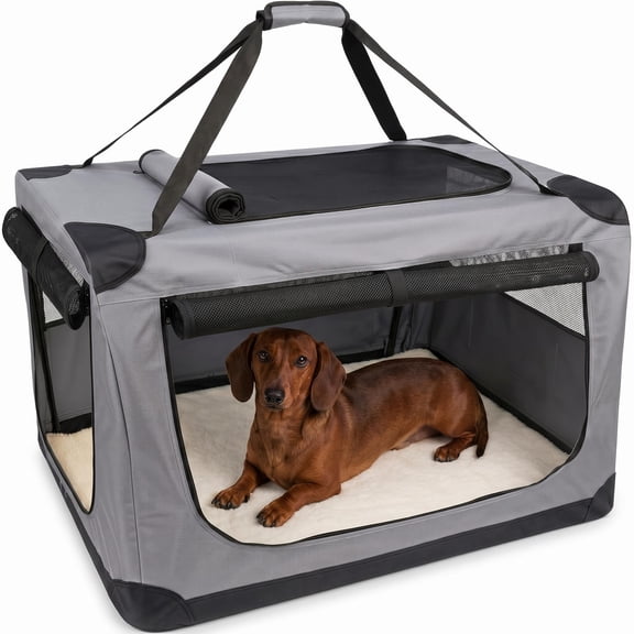 30x20.5x20.5 Inch Soft Dog Crate for Medium Dogs – Portable 3-Door Collapsible Travel Kennel with Fleece Bed, Storage Pocket & Safety Zippers, Indoor/Outdoor/Car Use