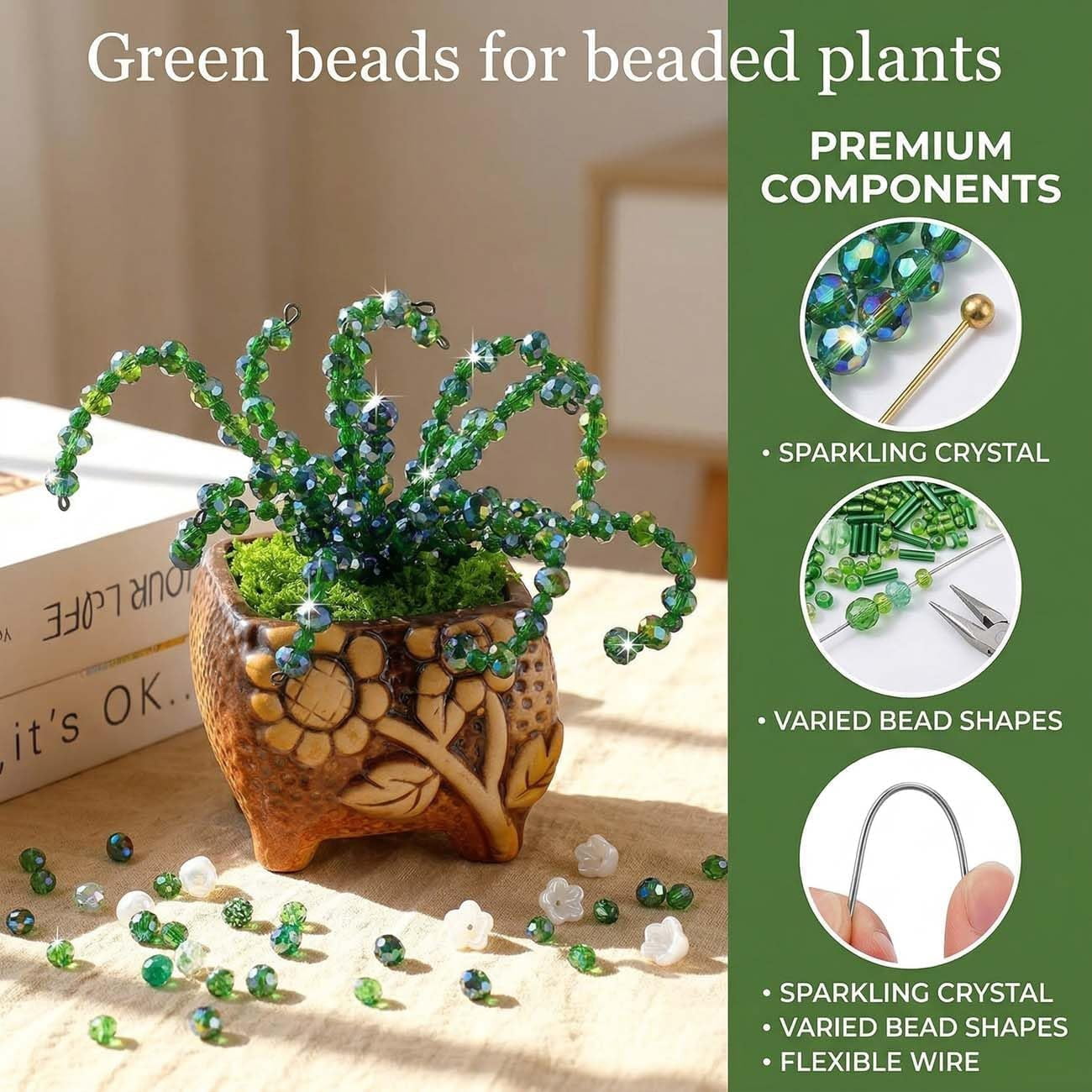 5500 Pcs DIY Beaded Plant Kit, Forever Plant Beaded Leaf Flower Beads Plant Making Equipped with a Flower Pot,Green Glass Crystal Waterdrop for Jewelry Making DIY Craft (1 Set)