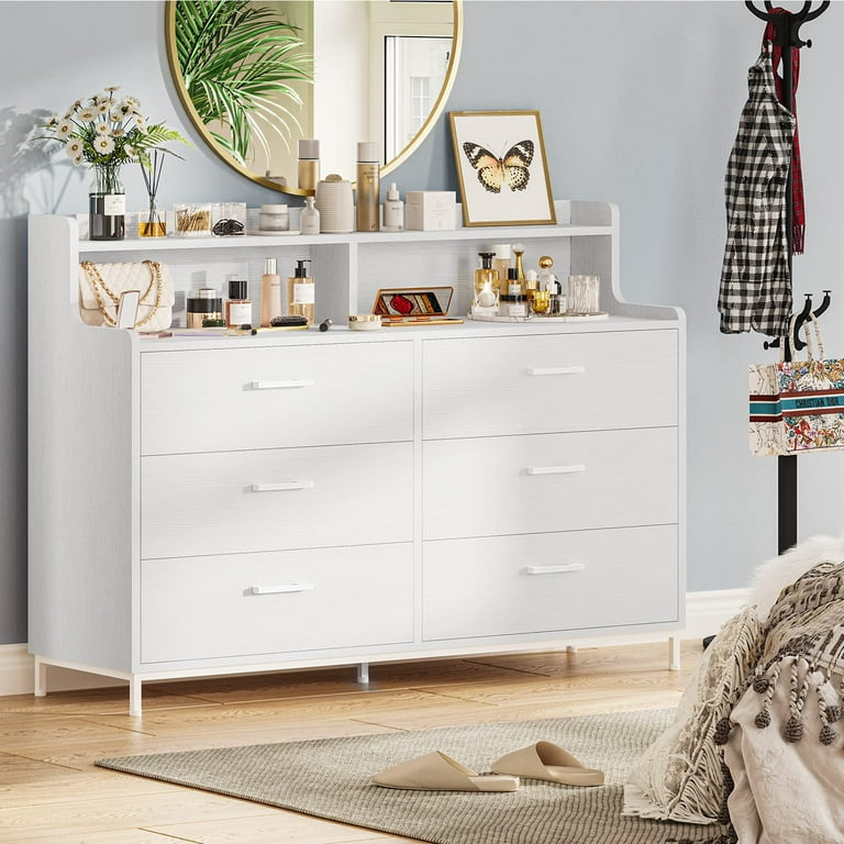 Afuhokles 6 Drawers Double Dresser with Shelves Large Wooden Storage Tower Organizer Wide Chest of Drawers White Dresser for Bedroom Living Room