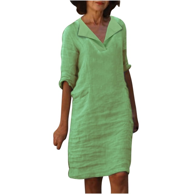 KIHOUT Robes d'Été pour Femmes, Mode pour Dames Robe à Col en V à Manches Mi-Longues Unie à Enfiler Vert 2TG