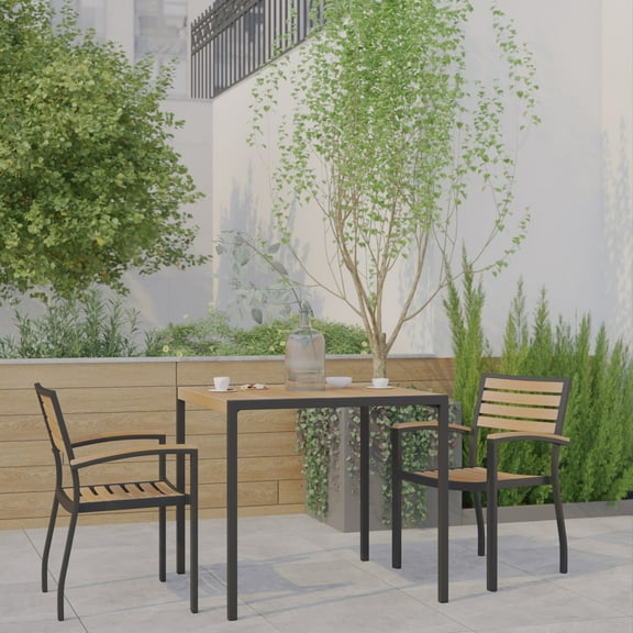 Emma   Oliver 3 Piece Patio Table Set - Synthetic Teak Poly Slats - 35" Square Steel Framed Table with Umbrella Holder Hole - 2 Stackable Club Chairs
