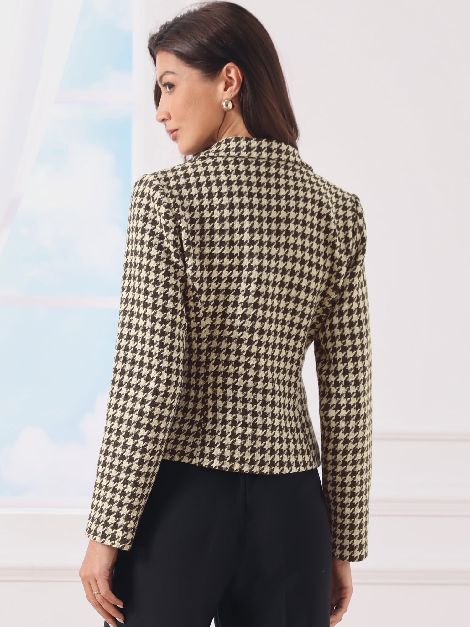 DARING DIVA Women's Chic Houndstooth Notch Lapel Long Sleeve Blazer L Brown