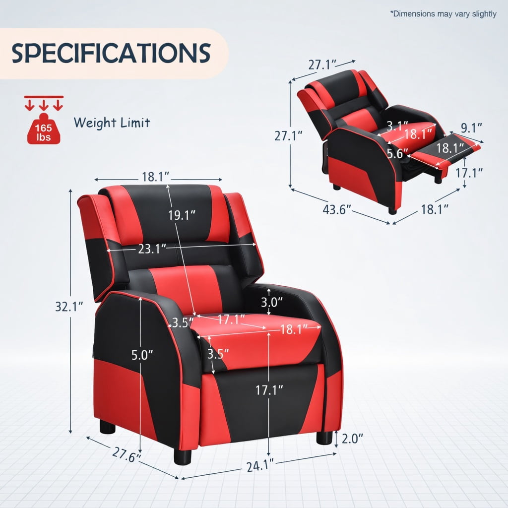 Barara King Kids PU Leather Recliner Chair with Headrest and Footrest, Kids Gaming Sofa Recliner Chair for Living Room, Bedroom, Red