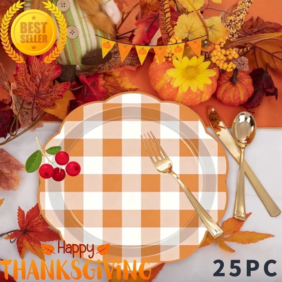 Pumpkin Paper Plates - Disposable Autumn Party Supplies, Maple Leaf Pumpkin Design, High-Gloss Paper Dinner Plates, 9-Inch 25 Pack