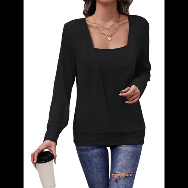Tops de Larga con Cuello Cuadrado de Color Liso para Mujer Negro XL