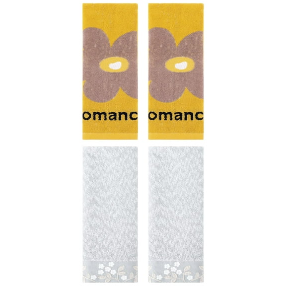 Unique Bargains 4 Pcs Floral Cotton Hand Towel Grey/Yellow 14" x 28"/13" x 30"