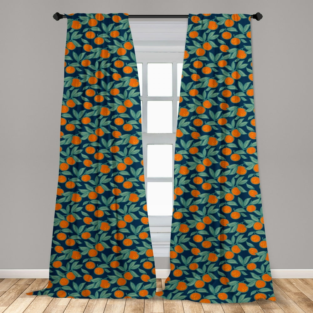 Orange Blue Curtains 2 Panels Set, Citrus Branches and Leaves, Window