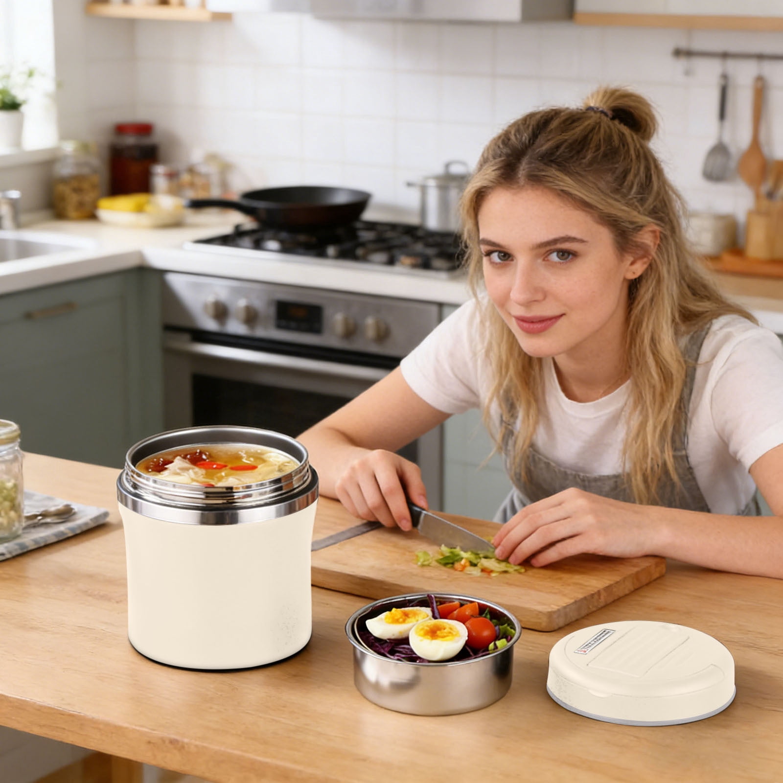 YiJuHui Stainless Steel Lunch Box 1.2L Insulated 3 Compartment Bento with Foldable Spoon, Leak-Proof Thermal Food Container for Office, Work & Outdoor