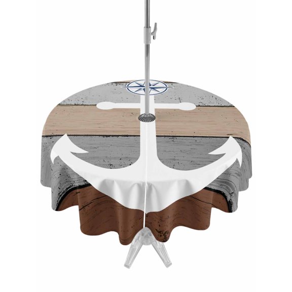 Outdoor Table Cloth with Umbrella Hole and Zipper, Grey Beige Anchor Coastal Waterproof Round Tablecloth 54 Inch, Nautical Vintage Art Wooden Washable Table Cover for Outside Party Patio Picnic