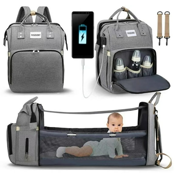 Baby Diaper Bag Backpack - Multifunctional Baby Changing Bag with USB Charging Port, Large Capacity Waterproof Travel Diaper Backpack with Changing Station (Gray)