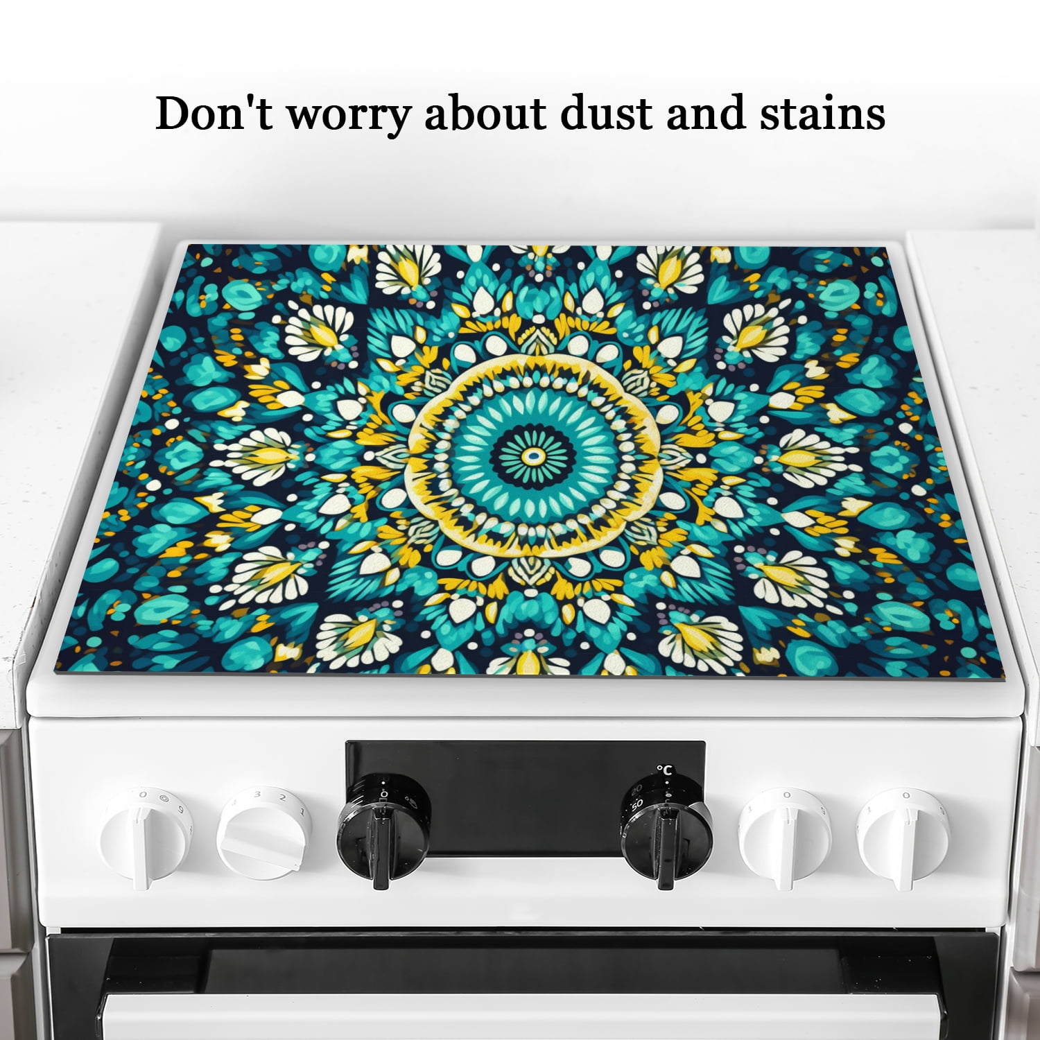 Stove Cover for Stove Top Electric Flat Top, Yellow and Teal Mandala Oven Protector Mat, Square Washable Foldable Range Cover Expands Usable Space for Kitchen RV (28×20 Inch)